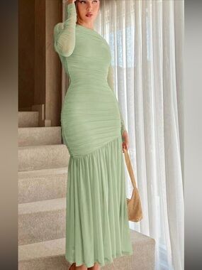 Long Sleeve Sage Green Ruched Maxi Dress